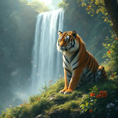 Primary subject: A tiger sitting on a grassy hillside with a waterfall in the background.

Setting/background: The tiger is sitting on a grassy hillside with a waterfall in the background. The waterfall is surrounded by lush greenery.

Visual style: The image is a digital art illustration.

Colors and mood: The image has a vibrant and lively atmosphere, with the tiger's orange and black fur contrasting against the greenery and the water